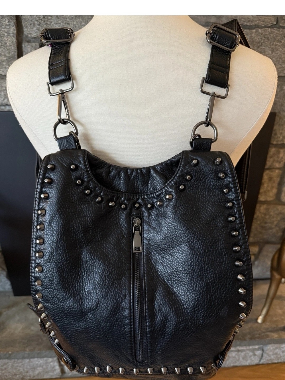 Black Stud Backpack Bag Shoulder Goth Punk Oversized Boho Slouchy Purse Travel